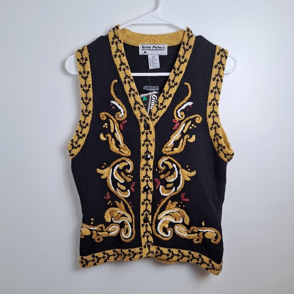 NEW Vintage Gina Peters Black Gold Embroidered Maximalism Sweater Vest Size M - Picture 1 of 6